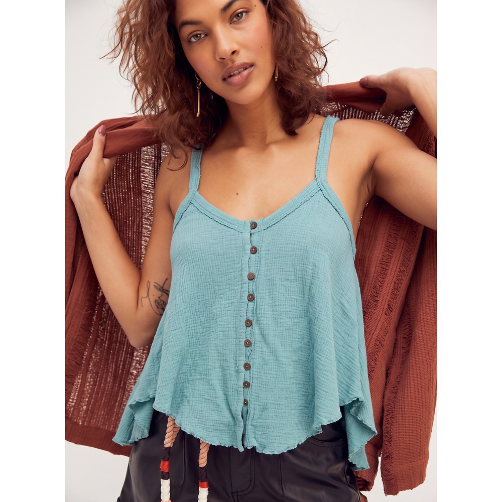 Free People We The Free Teal Blue Thermal Cold Shoulder Button Front Top Small